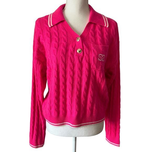 SANDRO Gaultier Cable Stitch Wool Cashmere Polo Pullover Sweater Pink Size 8 - Picture 1 of 6